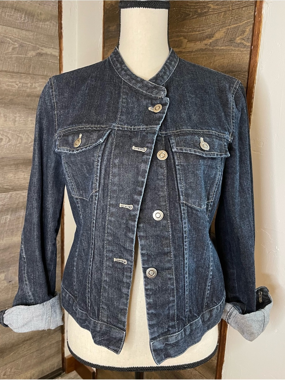 Garnet Hill Asymmetrical Closure Dark Denim Jacket with Silver Buttons Size 08